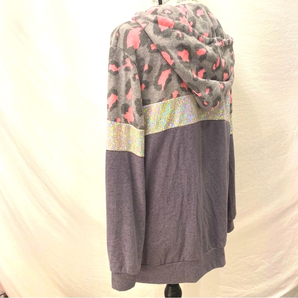 Sequin Embellished Pink and Gray Animal Print Attached Hood Sweatshirt NWT S - Picture 10 of 13